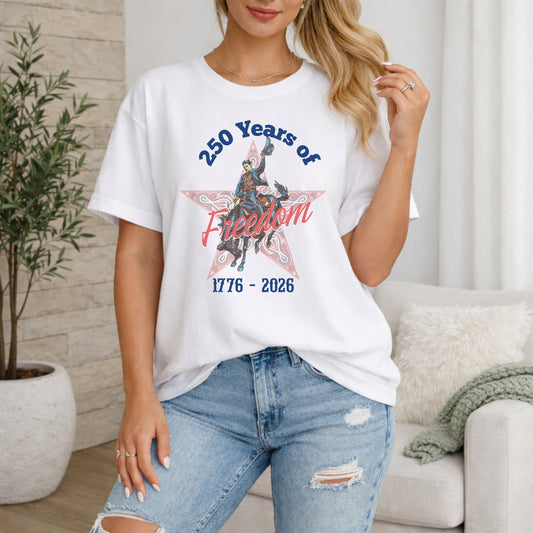 250 Years of Freedom tee with 1776 to 2026 patriotic graphic on model in white