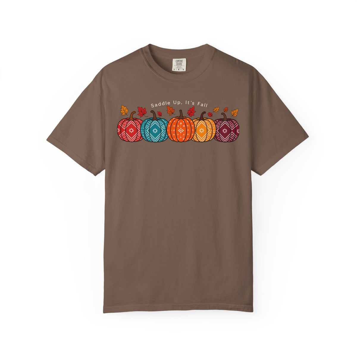 I Love Fall Most of All western fall graphic tee in muted green with retro cowboy pumpkin leaf and coffee characters