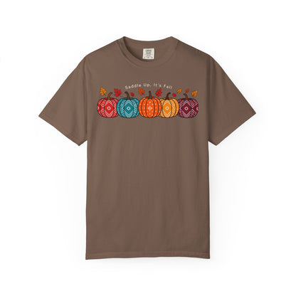 I Love Fall Most of All western fall graphic tee in muted green with retro cowboy pumpkin leaf and coffee characters