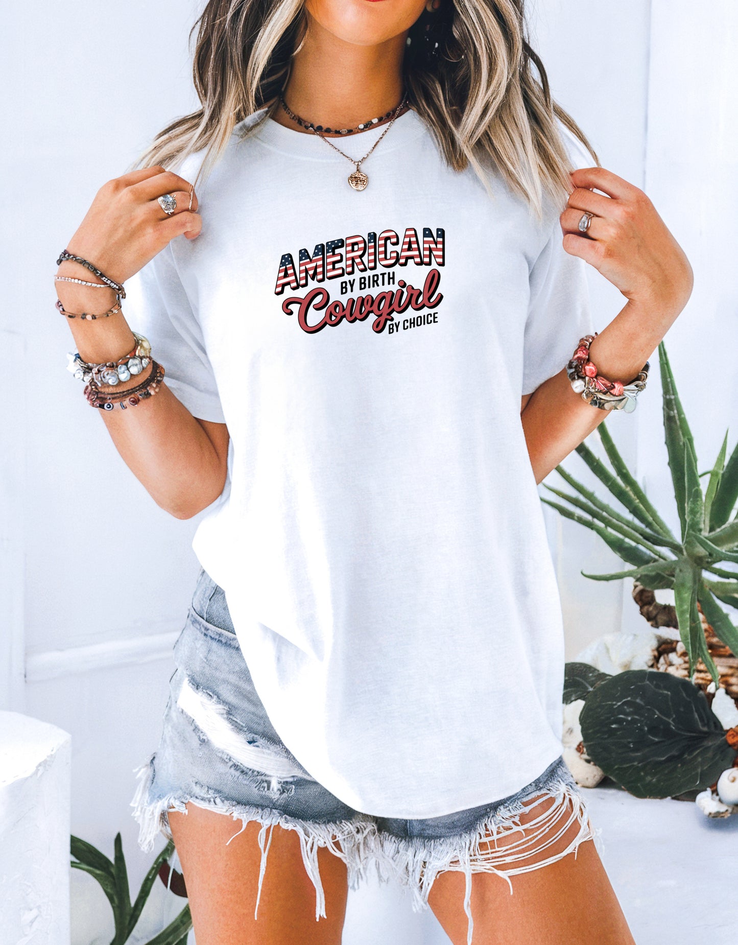 american by birth tee white on model