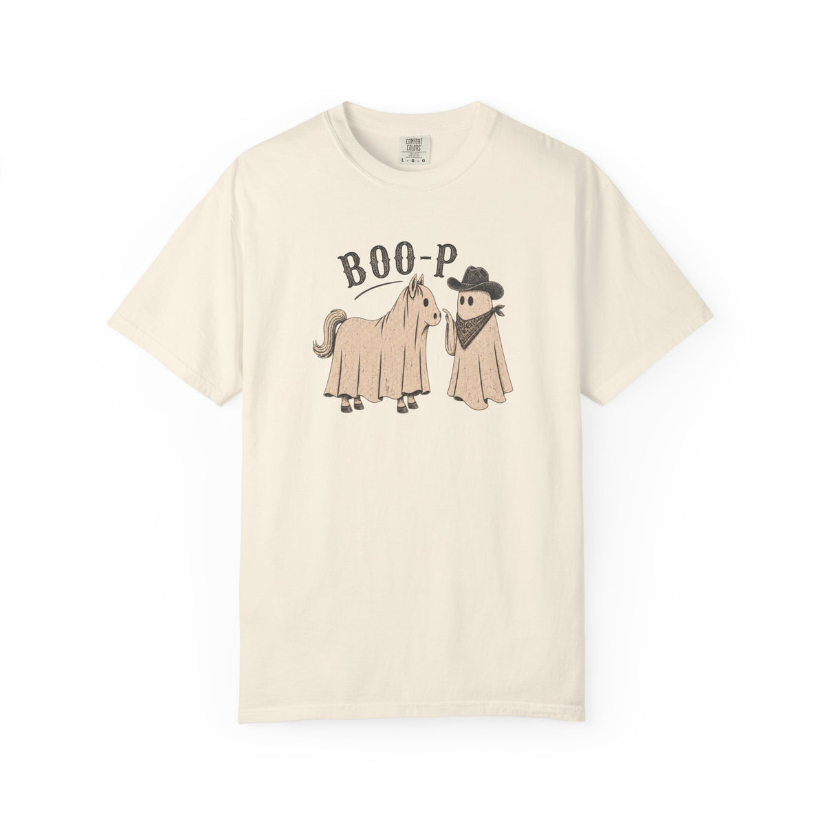 Beige t-shirt with a ghost horse and ghost cowboy graphic and text on a white background