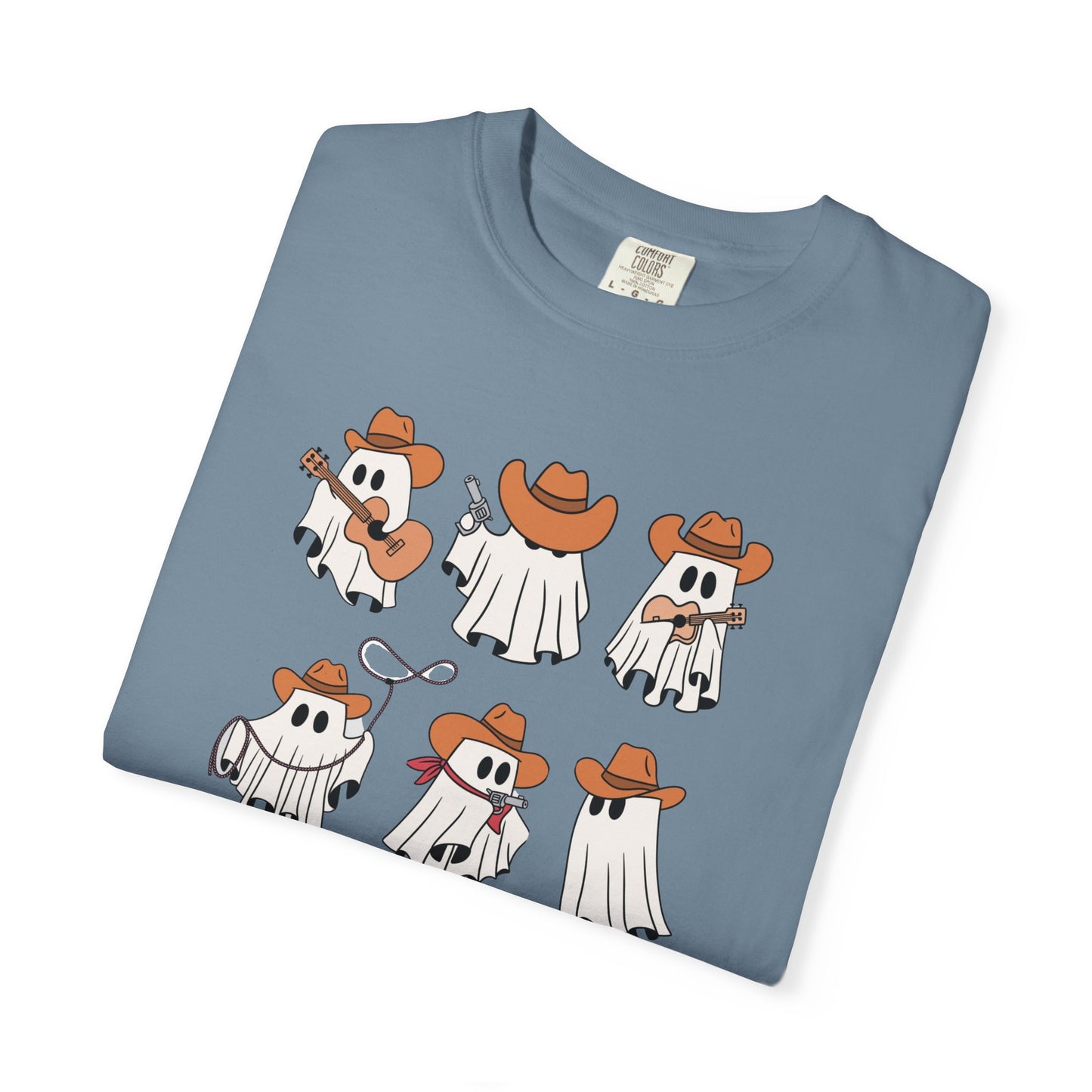 Folded ice blue t-shirt with hands and stones graphic and text 'I Drop My Worries God Collects Them Up' on a white background.