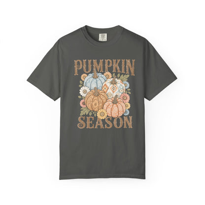 A dark gray crewneck t-shirt featuring a 'Pumpkin Season' graphic with illustrated pumpkins and flowers in autumn colors, displayed on a clean white background.