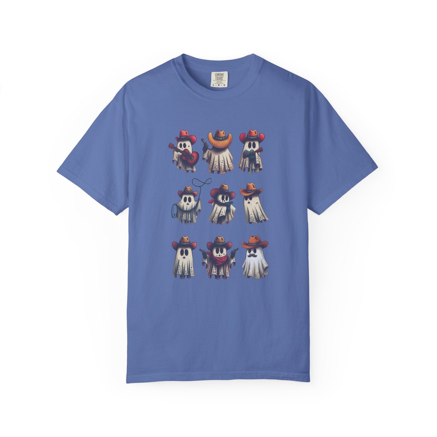 A blue short-sleeve crewneck t-shirt featuring a graphic print of nine cartoon ghost characters wearing sombreros, displayed on a clean white background.