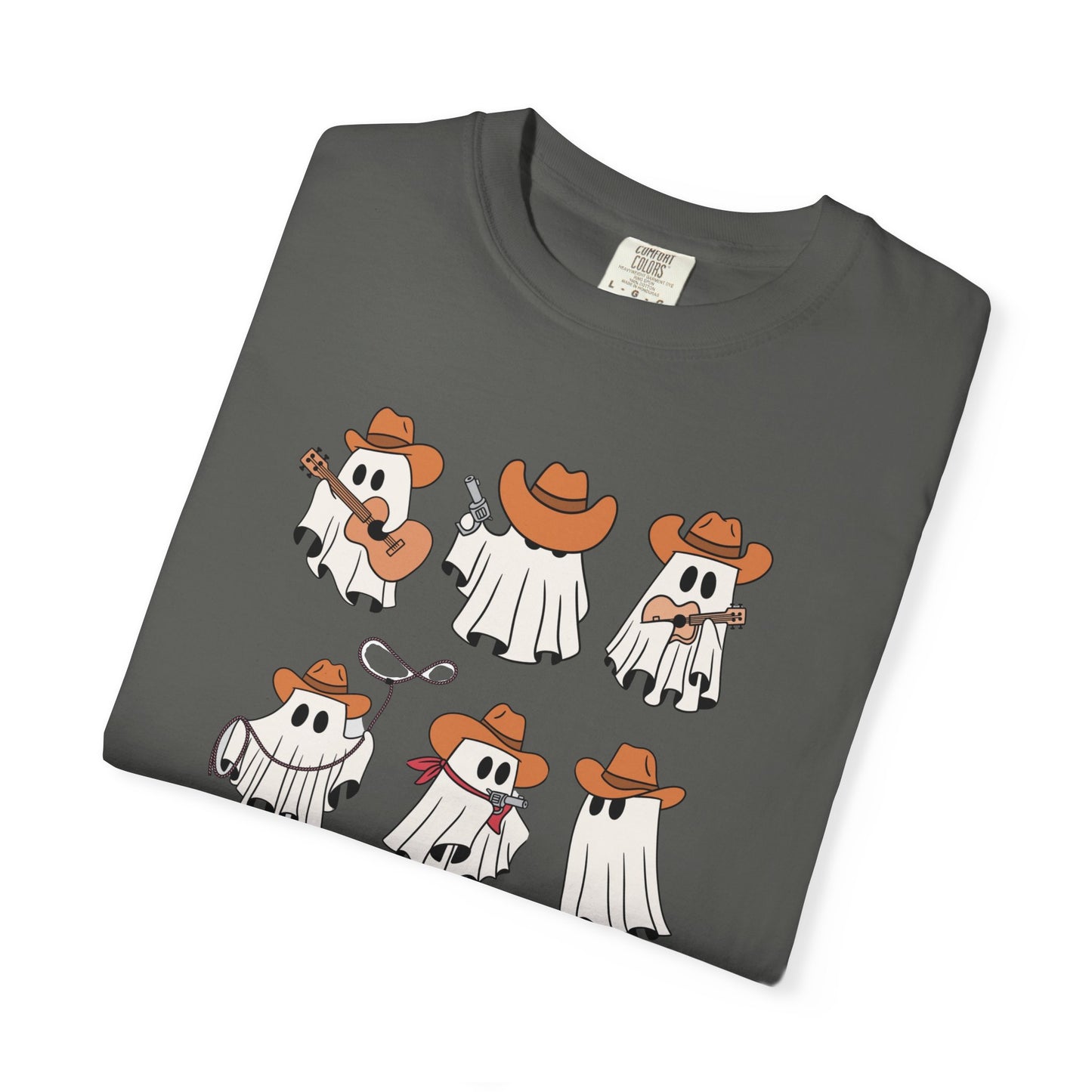A dark gray folded t-shirt featuring a graphic print of six cartoon ghosts dressed as cowboys in orange hats, playing musical instruments and holding a pair of sunglasses.