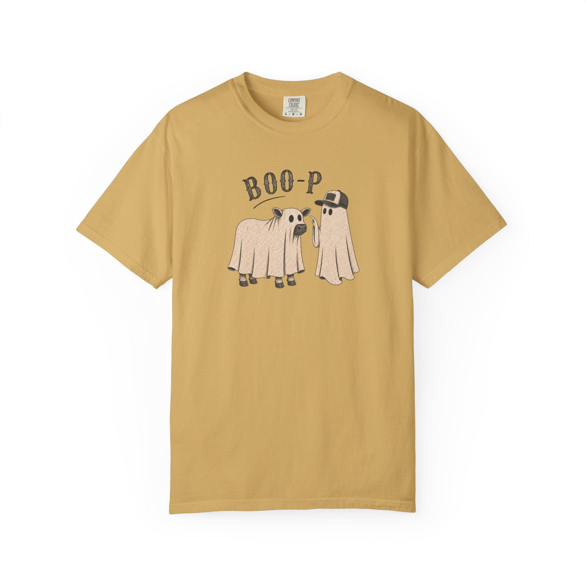 A mustard yellow short-sleeve t-shirt with a graphic of two cartoon ghosts and a dog dressed in a ghost costume, with the text 'BOO-P' above them, displayed on a clean white background.