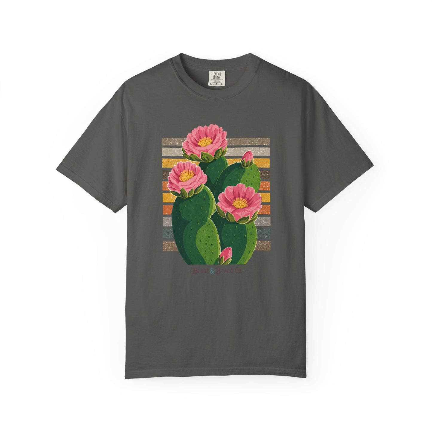 A dark gray short-sleeve t-shirt with a graphic print of a green prickly pear cactus with three pink flowers and a retro striped background, displayed flat against a white background.