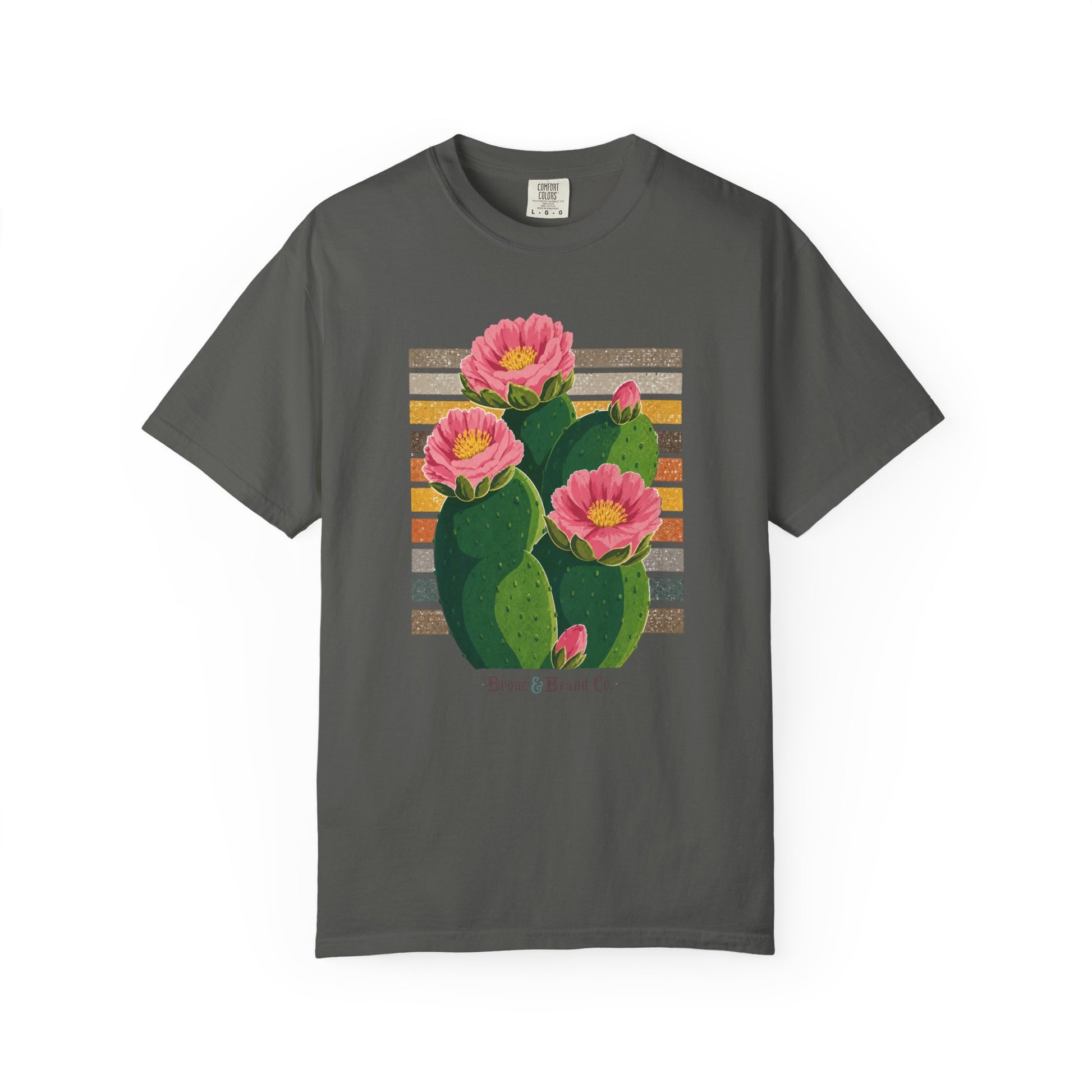 A dark gray short-sleeve t-shirt with a graphic print of a green prickly pear cactus with three pink flowers and a retro striped background, displayed flat against a white background.