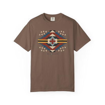 Brown t-shirt with southwestern geometric design and bronc and brand co text on a white background