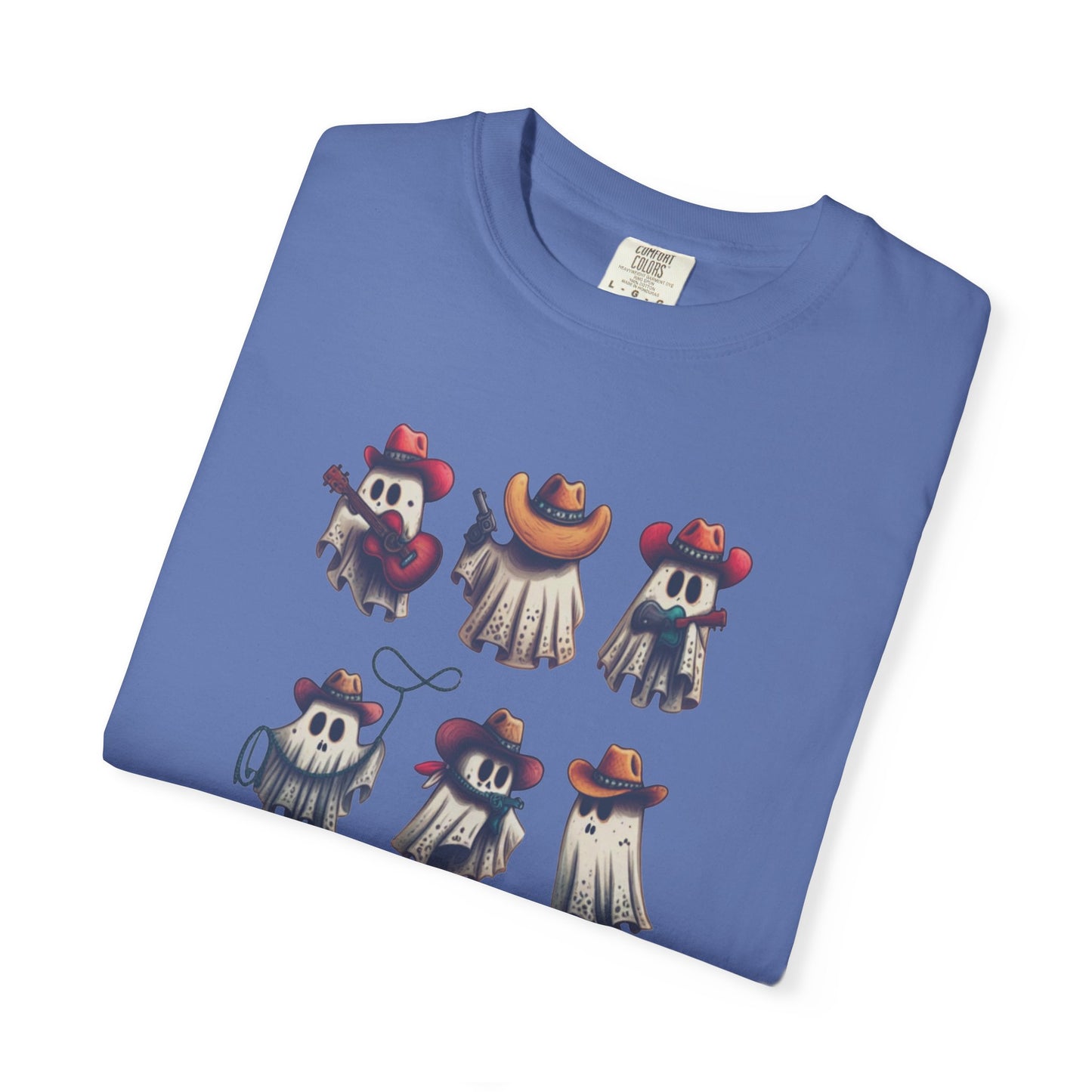 A folded blue crewneck t-shirt featuring a graphic print of six cartoon ghosts dressed in western attire, displayed on a clean white background.