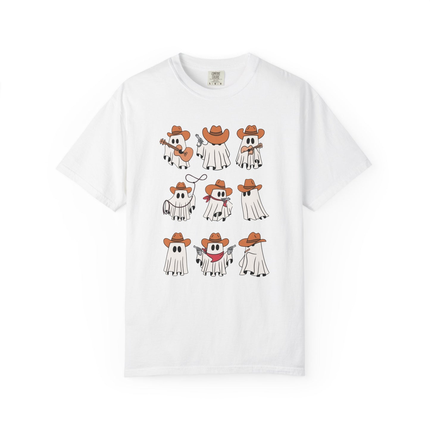 A white short-sleeve crewneck t-shirt featuring a graphic print of nine cartoon ghosts dressed in cowboy outfits, displayed against a solid white background.