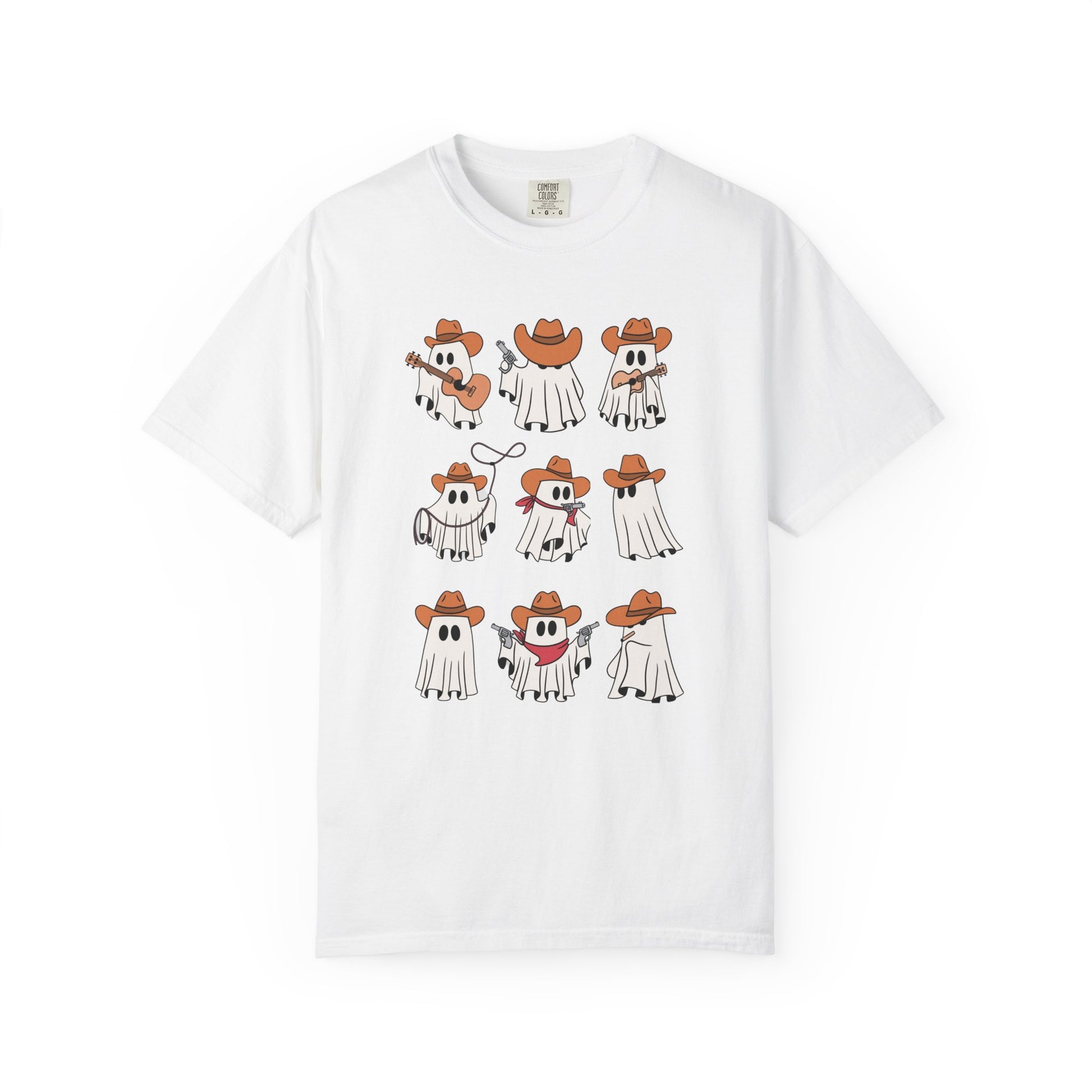 A white short-sleeve crewneck t-shirt featuring a graphic print of nine cartoon ghosts dressed in cowboy outfits, displayed against a solid white background.