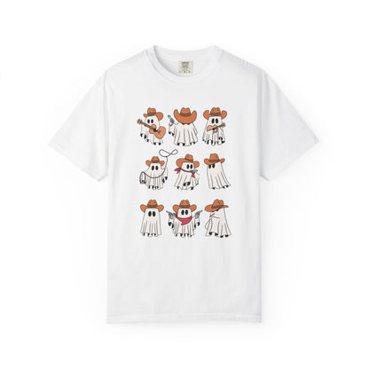 A white short-sleeve crewneck t-shirt featuring a graphic print of nine cartoon ghosts dressed in cowboy outfits, displayed against a solid white background.