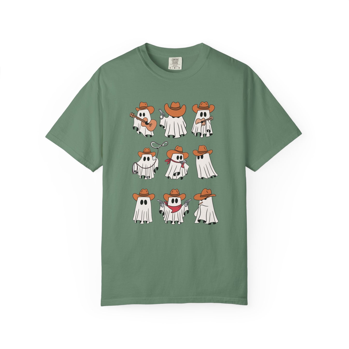 Green t-shirt with white graphic and text on a white background