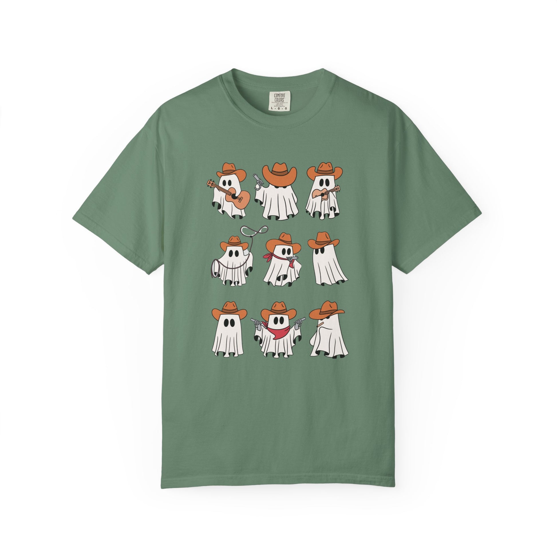 Green t-shirt with white graphic and text on a white background
