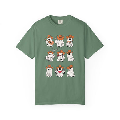 Green t-shirt with white graphic and text on a white background