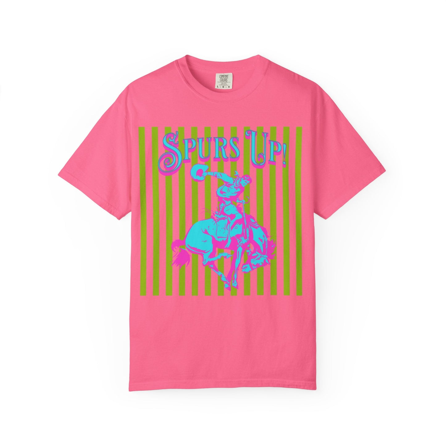 Pink t-shirt with 'Spurs Up' graphic design on a white background