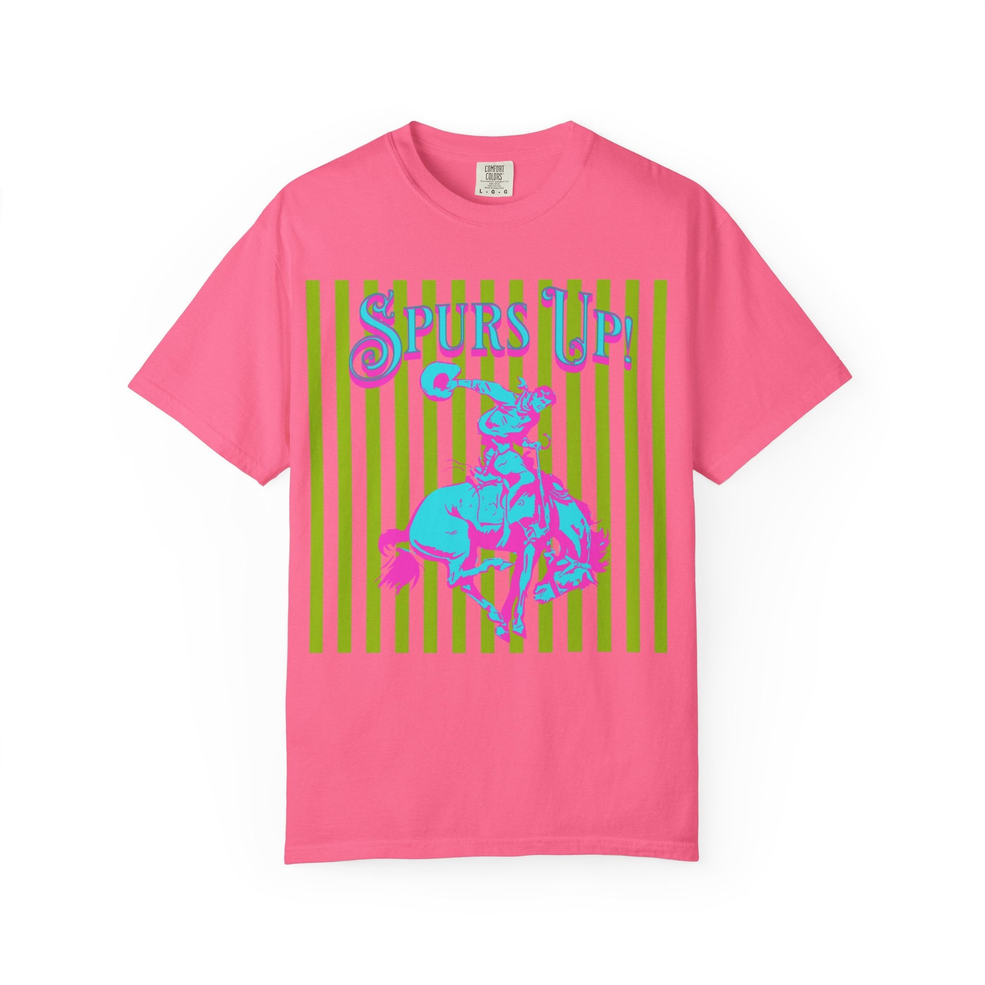 Pink t-shirt with 'Spurs Up' graphic design on a white background