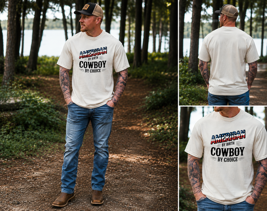 American by Birth Cowboy by Choice tee with patriotic western lettering showing on model in 3 grid showing front, close up front and back view.