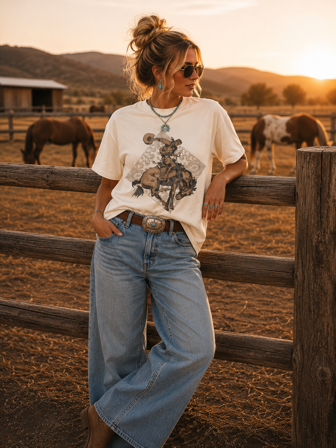 Woman in a western graphic tee by broc and brand co. and blue jeans standing in a rural setting with horses and a wooden fence.