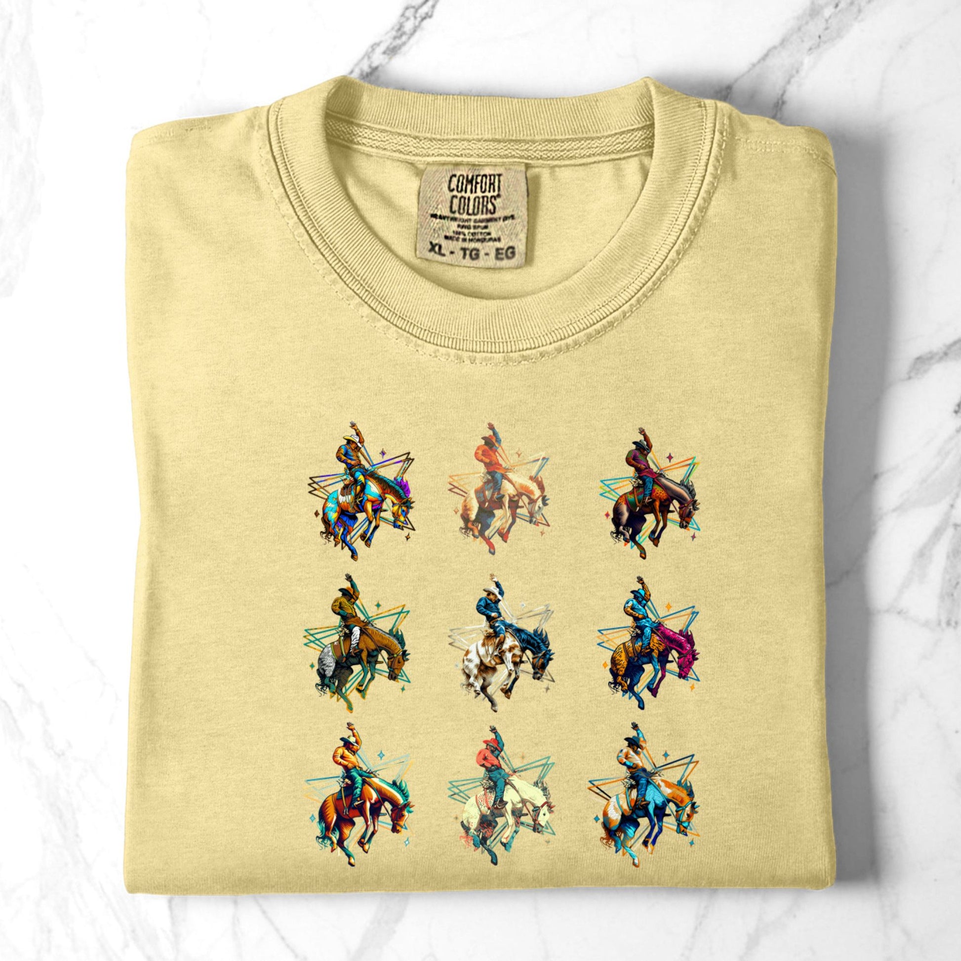 Bronc Grid Cowboy Tee laid flat in color butter