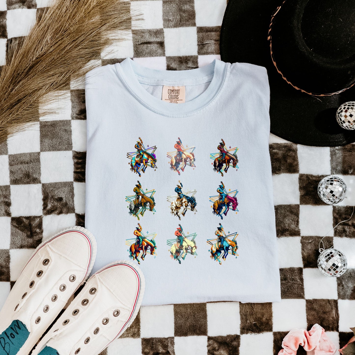 Bronc Grid Cowboy Tee laid flat in color chambray