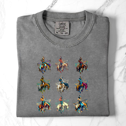 Bronc Grid Cowboy Tee laid flat in color grey (1)