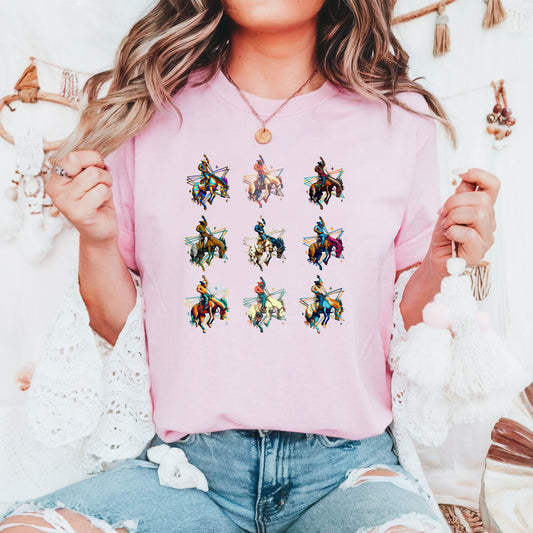 Bronc Grid Cowboy Tee on model in color blossom