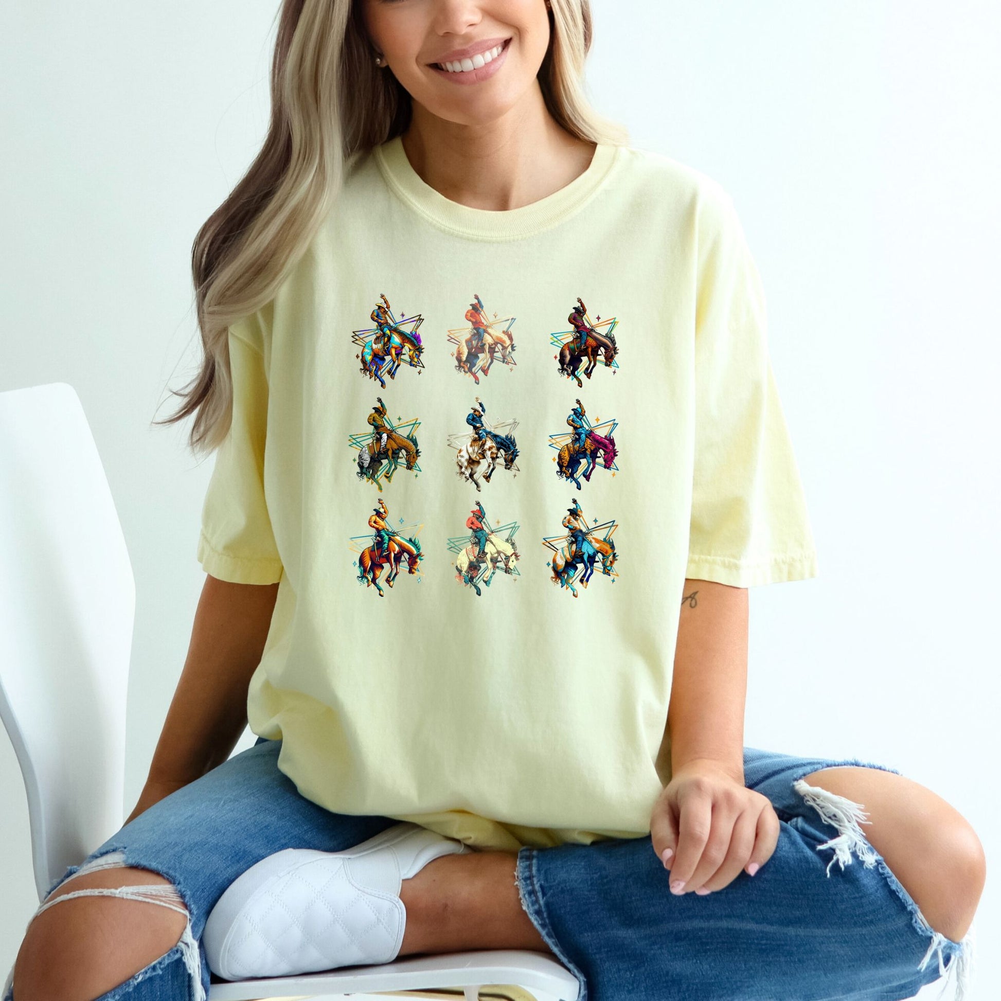 Bronc Grid Cowboy Tee on model in color butter