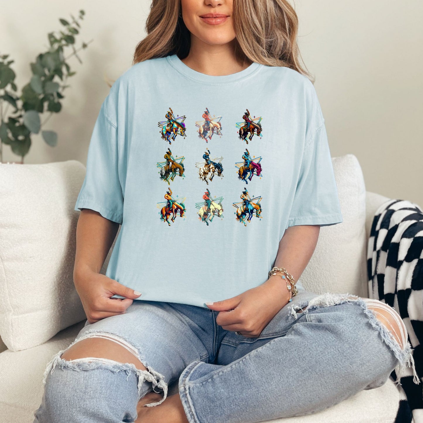 Bronc Grid Cowboy Tee on model in color chambray