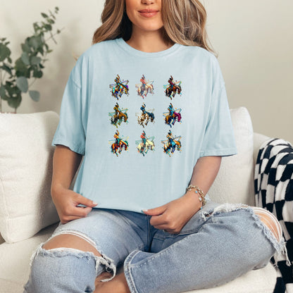 Bronc Grid Cowboy Tee on model in color chambray