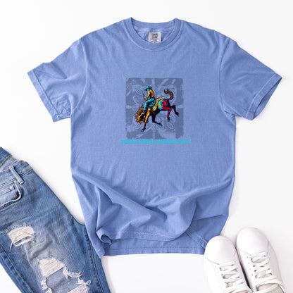 Bruised Born & For It Western Tee laid out with jeans and shoes in color washed denim