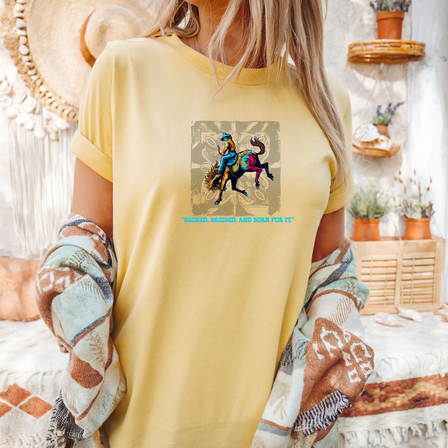 Bruised Born & For It Western Tee  on model in color butter