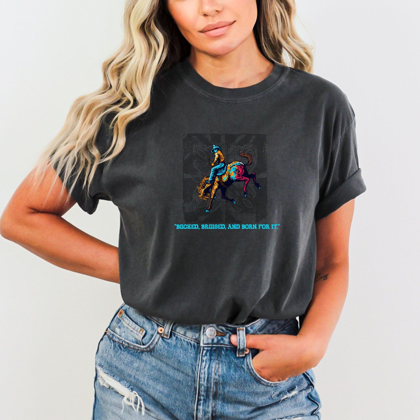 Bruised Born & For It Western Tee  on model in color pepper