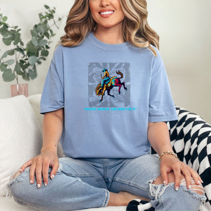 Bruised Born & For It Western Tee  on model in color washed denim