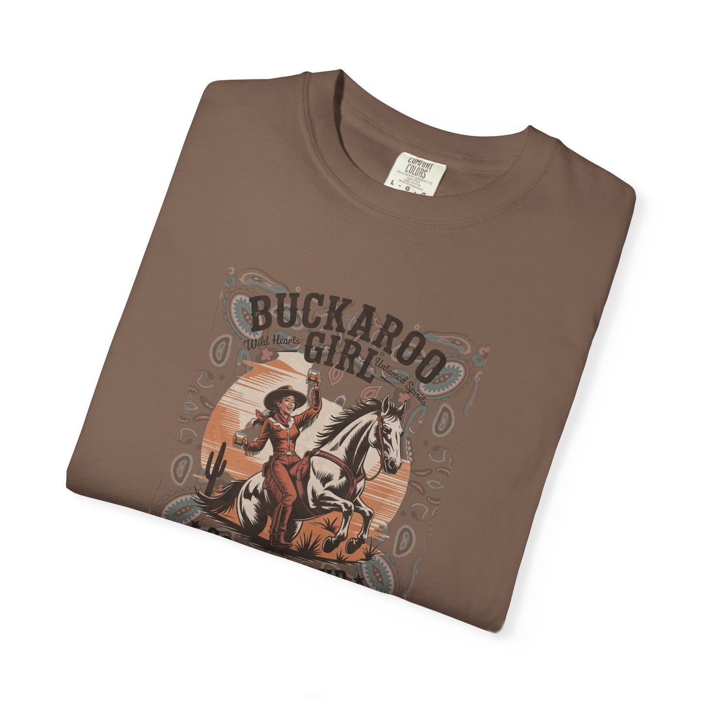 Buckaroo Spirits tee with vintage cowgirl riding horse graphic and western paisley border folded in color espresso