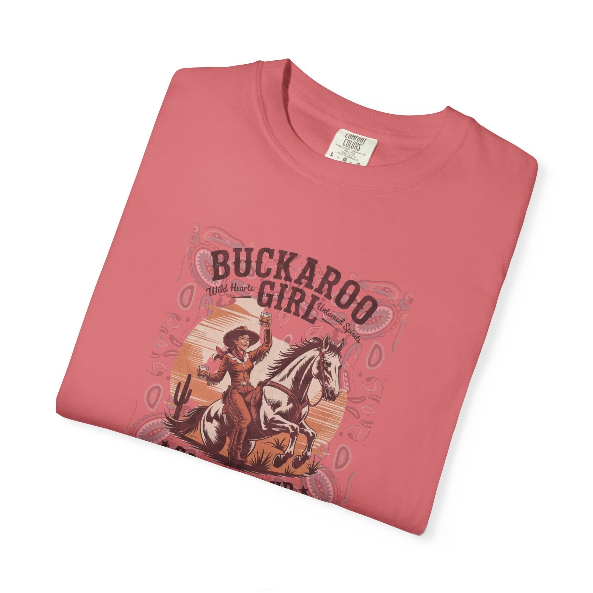 Buckaroo Spirits tee with vintage cowgirl riding horse graphic and western paisley border folded in color watermelon