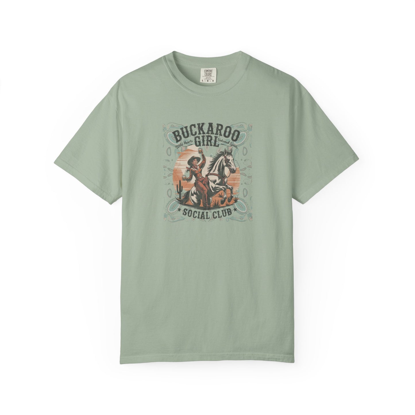 Buckaroo Spirits tee with vintage cowgirl riding horse graphic and western paisley border front view bay