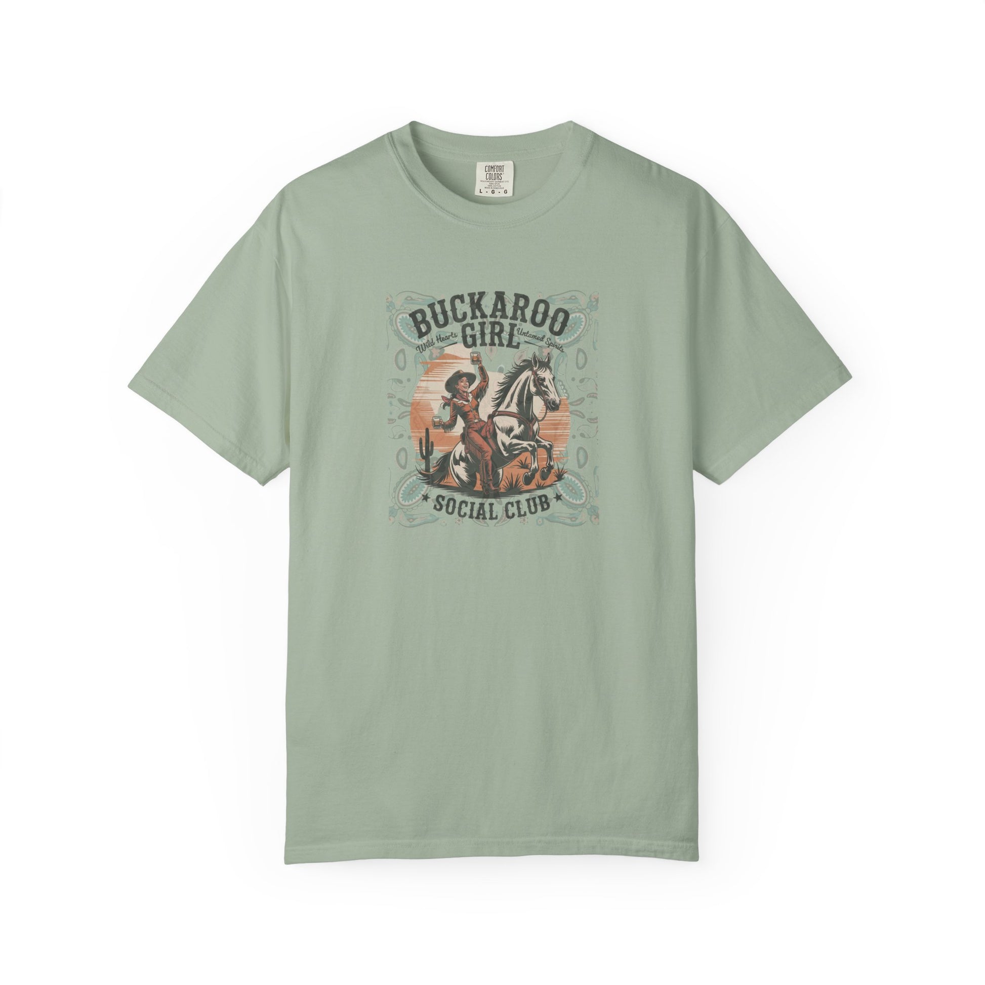 Buckaroo Spirits tee with vintage cowgirl riding horse graphic and western paisley border front view bay