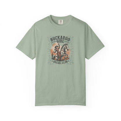 Buckaroo Spirits tee with vintage cowgirl riding horse graphic and western paisley border front view bay