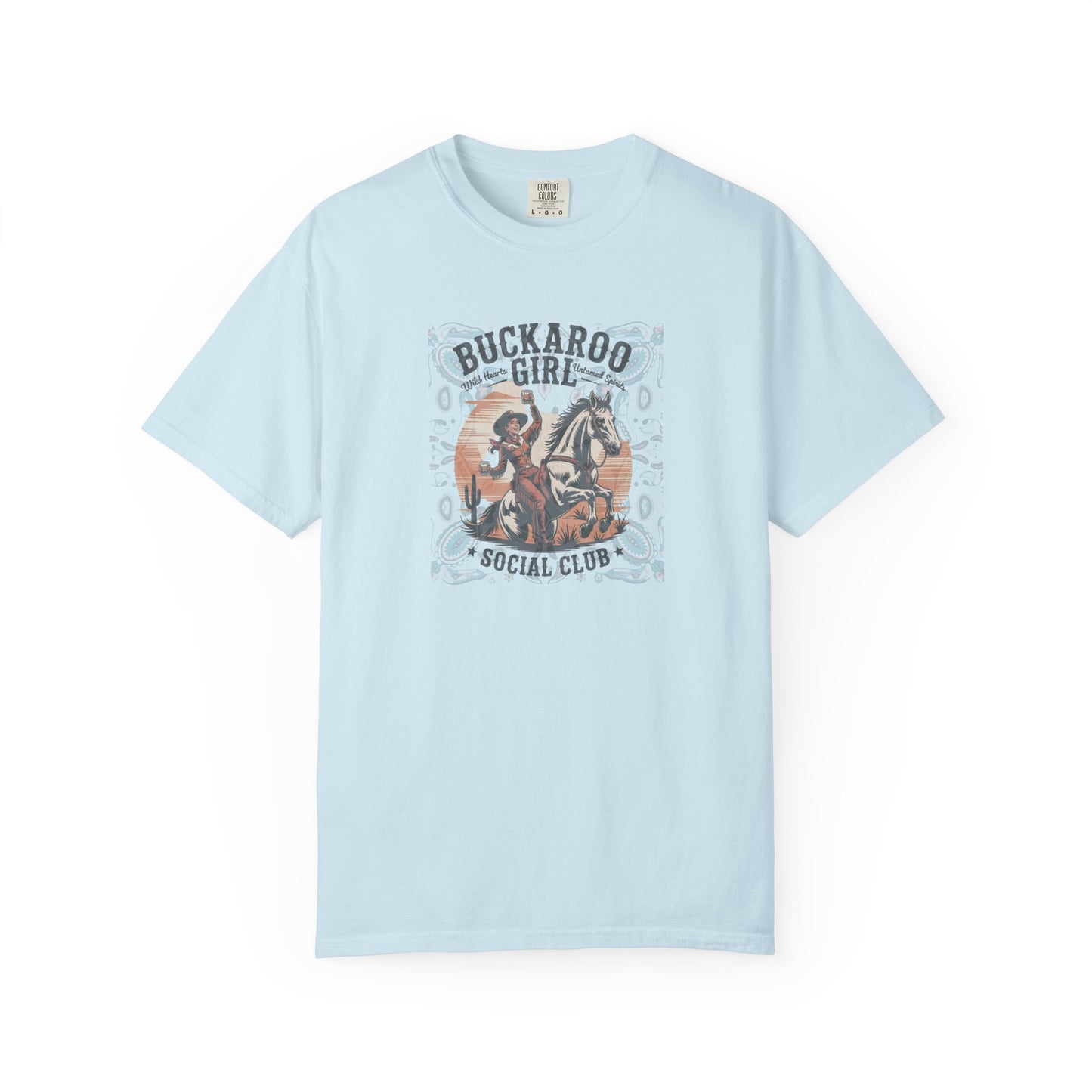 Buckaroo Spirits tee with vintage cowgirl riding horse graphic and western paisley border front view chambray