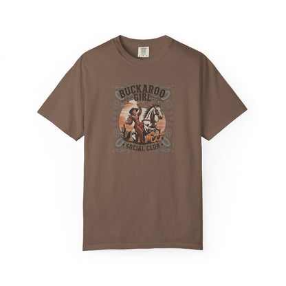 Buckaroo Spirits tee with vintage cowgirl riding horse graphic and western paisley border front view espresso
