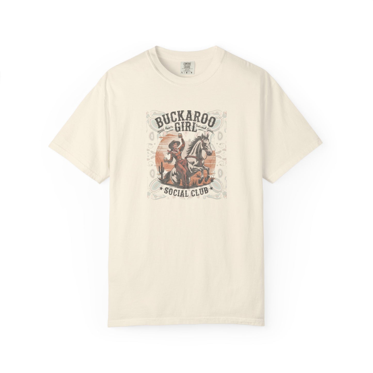 Buckaroo Spirits tee with vintage cowgirl riding horse graphic and western paisley border front view ivory
