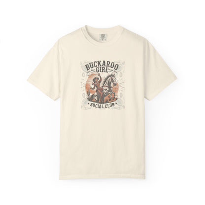 Buckaroo Spirits tee with vintage cowgirl riding horse graphic and western paisley border front view ivory