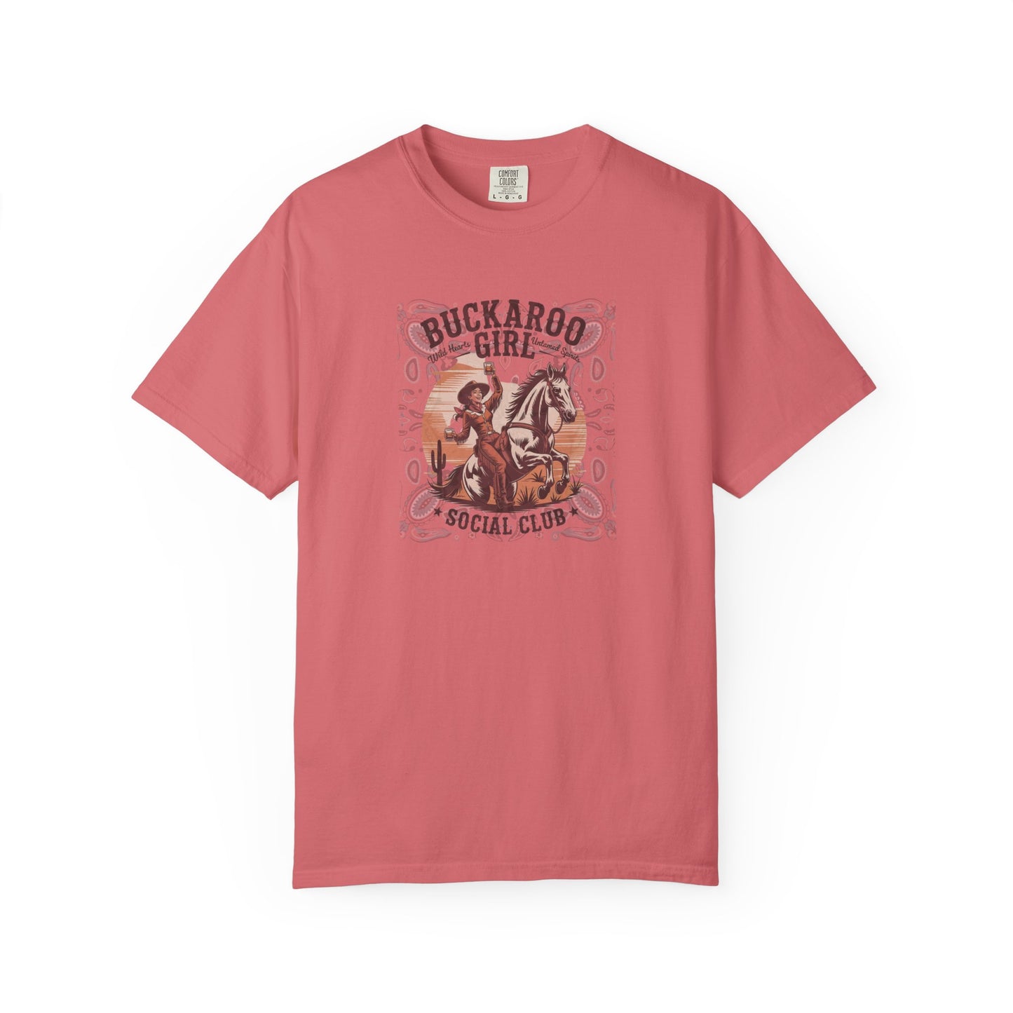 Buckaroo Spirits tee with vintage cowgirl riding horse graphic and western paisley border front view watermelon