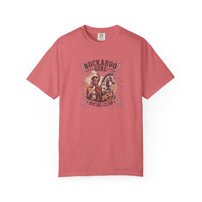 Buckaroo Spirits tee with vintage cowgirl riding horse graphic and western paisley border front view watermelon