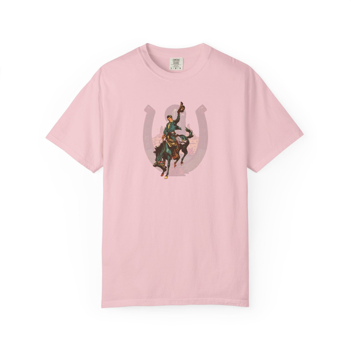 Buckaroo horseshoe tee with vintage bronc rider and desert cactus graphic front view on white background in blossom