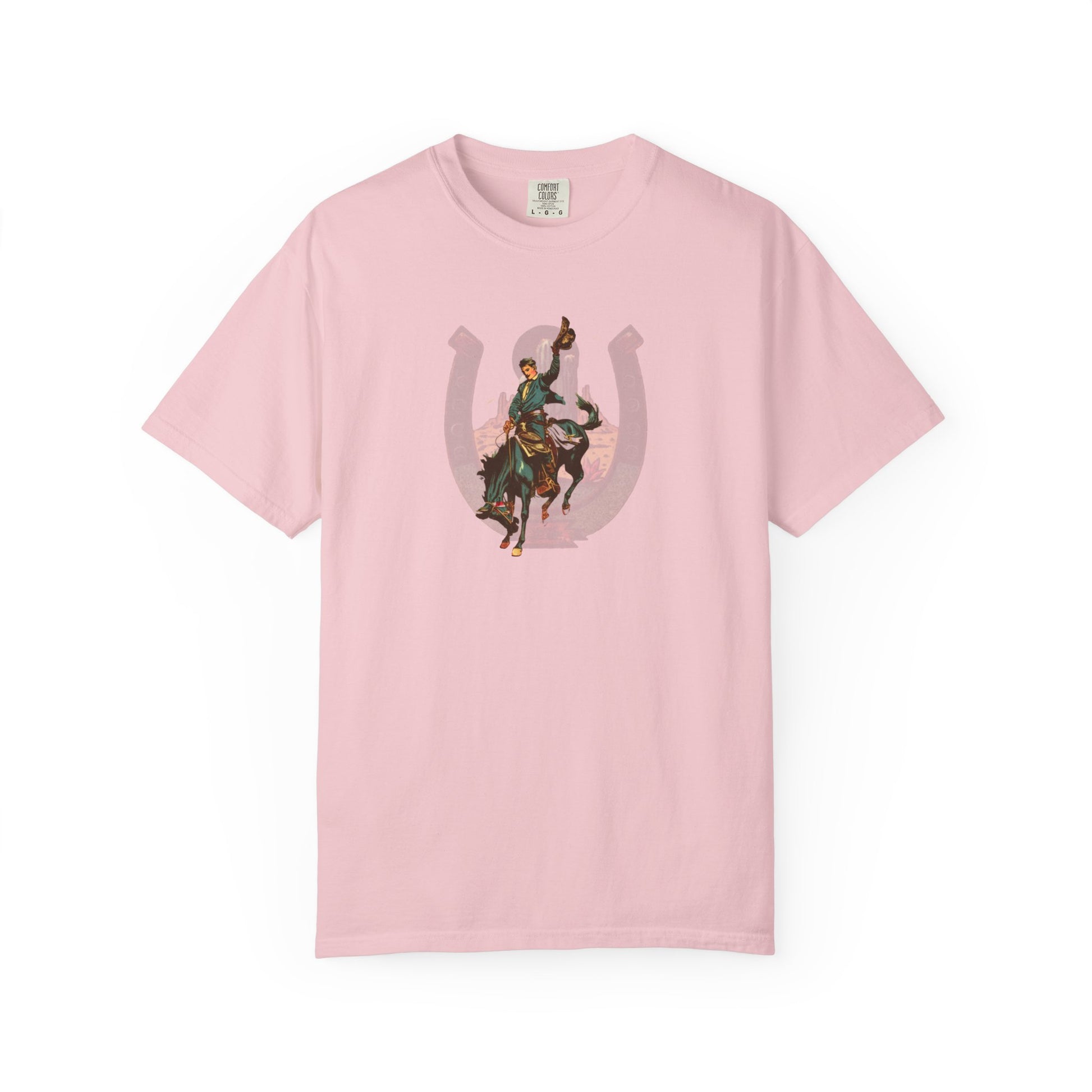 Buckaroo horseshoe tee with vintage bronc rider and desert cactus graphic front view on white background in blossom