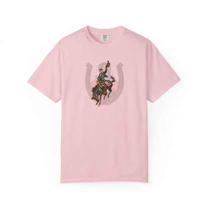 Buckaroo horseshoe tee with vintage bronc rider and desert cactus graphic front view on white background in blossom