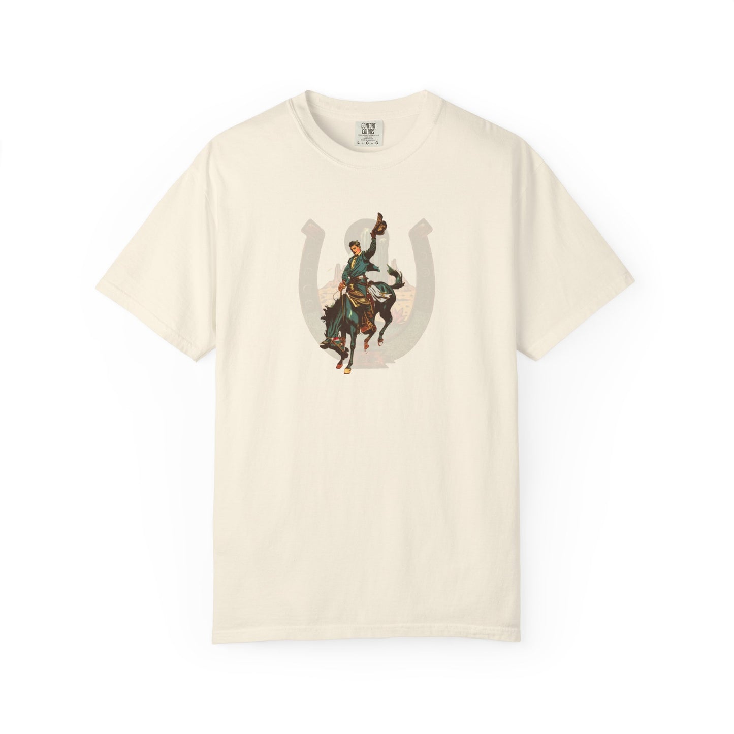 Buckaroo horseshoe tee with vintage bronc rider and desert cactus graphic front view on white background in ivory
